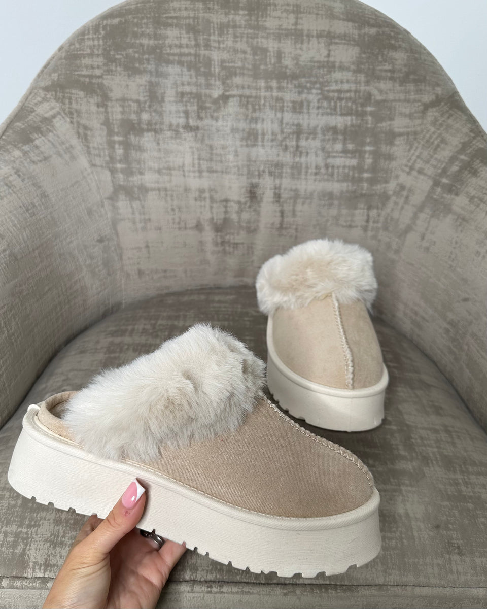 Pixie Fluffy Faux Fur Slippers Beige GlamDoll Fashion