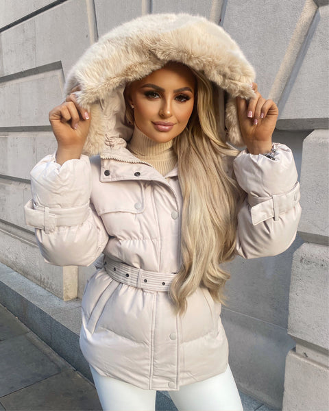 Kelsey Padded Faux Fur Hooded Coat Beige GlamDoll Fashion