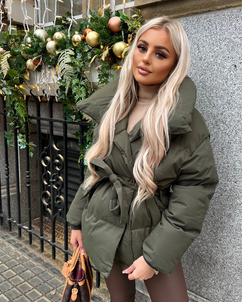 Sophie Short Belted Padded Duvet Coat - Khaki – GlamDoll Fashion