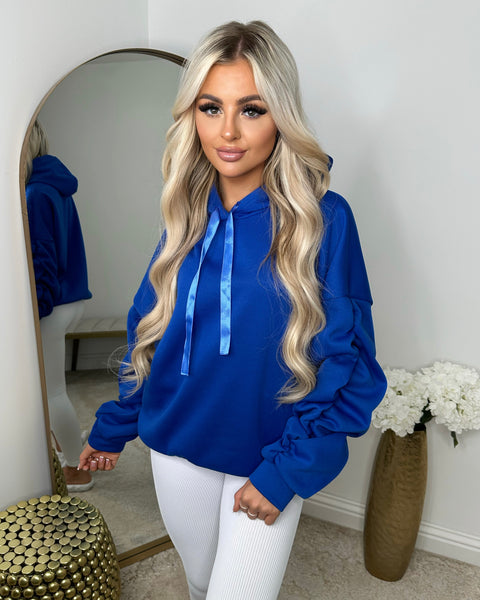 Ribbon Drawstring Ruched Sleeves Fleeced Hoodie main image 1