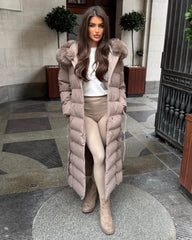 Anastasia Longline Belted Hooded Faux Fur Coat - Taupe