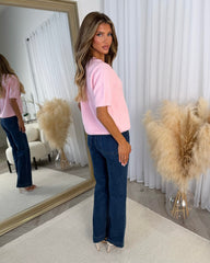 Bella Round Neck 'H' Leather Buckle Detail Knitted Top - Baby Pink