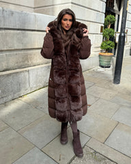 Olivia  Long Hooded Coat with Faux Fur Hood & Elegant Faux Front Fur Trim- Chocolate