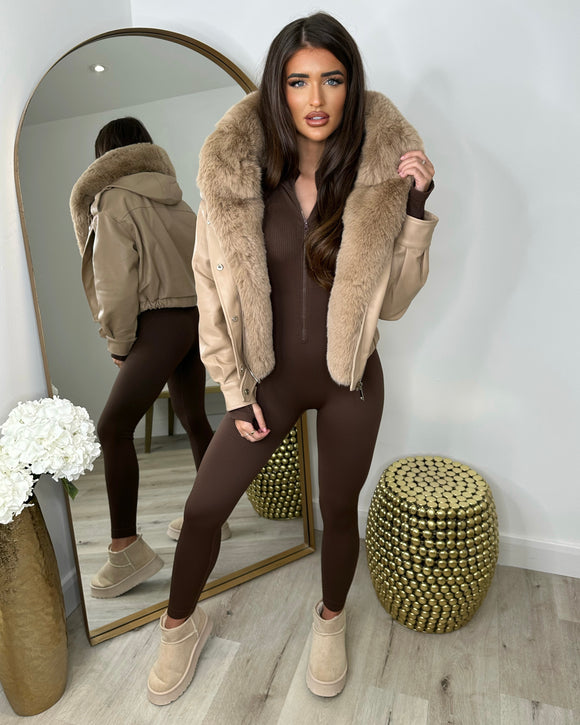 Lexie Pu Leather and Fur Hooded Bomber Jacket - Camel