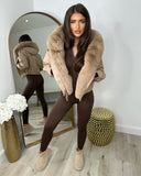 Lexie Pu Leather and Fur Hooded Bomber Jacket - Camel
