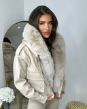 Lexie Pu Leather and Fur Hooded Bomber Jacket - Beige
