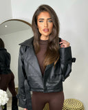 Rose PU Leather Jacket With Belt Detail - Black