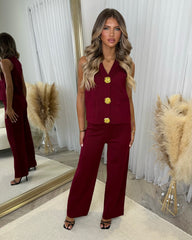 Diana Large Gold Button Detail Waistcoat & Straight Leg Trouser Set - Wine