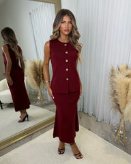 Bella Round Neck Sleeveless Waistcoat & Skirt Set - Wine