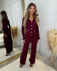 Ivana Ribbed Gold Button Long Sleeve Frill Detail Top & Trouser Set - Wine