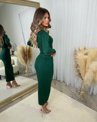 Gemma  Cable Knit Skirt & Crop Jumper Set - Bottle Green