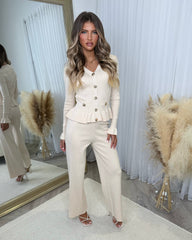 Ivana Ribbed Gold Button Long Sleeve Frill Detail Top & Trouser Set - Beige