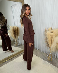 Ivana Ribbed Gold Button Long Sleeve Frill Detail Top & Trouser Set - Chocolate
