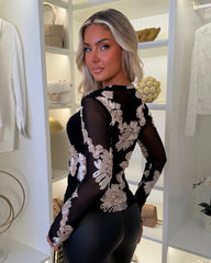 Poppy Sheer Mesh Top with Flower Detail - Black/Cream