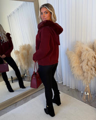 Aspen Faux Fur Hood Cardigan- Wine