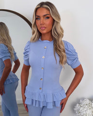 Piper Gold Button Short Sleeve Ribbed Loungeset - Sky Blue