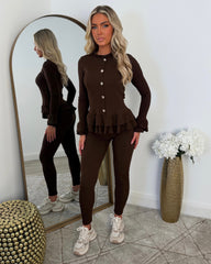 Amira Gold Button Ribbed Loungeset - Chocolate