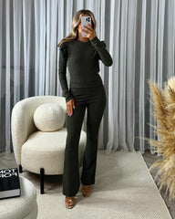 Hollie Ribbed Round Neck Frill Sleeve Detail Top & Trouser Set - Khaki