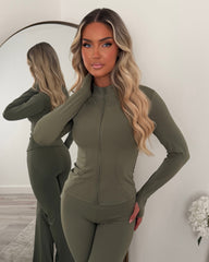 Kira Zip-Up Jacket & Flared Leg Gym Set - Khaki