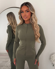 Kira Zip-Up Jacket & Flared Leg Gym Set - Khaki