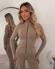 Kira Zip-Up Jacket & Flared Leg Gym Set - Mocha