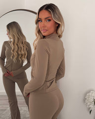 Lexi Fleece Lined Zip Jacket & Flared Trouser Gym Set - Mocha