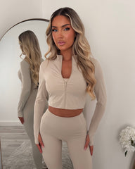 Vexa Cropped Top, Jacket & Leggings Gym Set - Beige