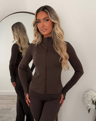 Aria Zip Jacket & Flared Trouser Gym Set - Chocolate