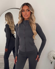 Aria Zip Jacket with Pockets & Flared Trouser Gym Set - Charcoal