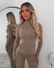 Aria Zip Jacket & Flared Trouser Gym Set - Mocha