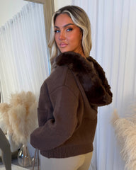 Aspen Faux Fur Hood Cardigan- Chocolate