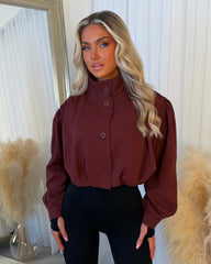 Eliana Short Trench Jacket with Ruched Shoulders - Wine