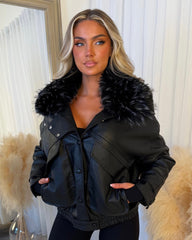 Isadora Faux Fur Collared Leather Jacket - Black