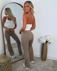 Deja High Waisted Flared Leg Gym Pants- Mocha