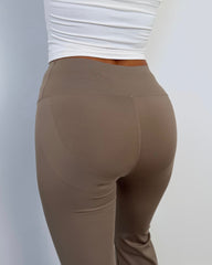 Deja High Waisted Flared Leg Gym Pants- Mocha
