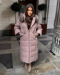 Helena Long Padded Coat with Faux Fur Detail Hood - Taupe