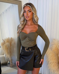 Olive Square Neck Ruched Front Long Sleeve Bodysuit - Khaki
