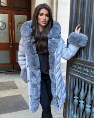 Emma Padded Faux Fur Trim Belted Coat - Grey