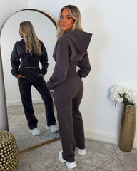 Hayley Corset Design Hooded Zip Jacket with Straight Leg Trousers Set - Slate Grey