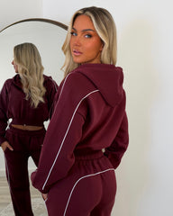 Daphne Cropped Long Sleeve Straight Leg Tracksuit with Piping Detail - Wine