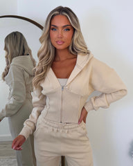 Hayley Corset Design Hooded Zip Jacket with Straight Leg Trousers Set - Oatmeal