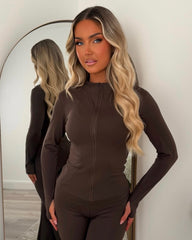 Lexi Fleece Lined Zip Jacket & Flared Trouser Gym Set - Chocolate