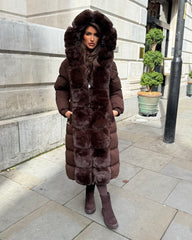 Olivia  Long Hooded Coat with Faux Fur Hood & Elegant Faux Front Fur Trim- Chocolate