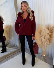 Aspen Faux Fur Hood Cardigan- Wine