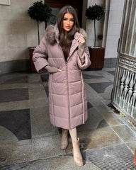 Helena Long Padded Coat with Faux Fur Detail Hood - Taupe