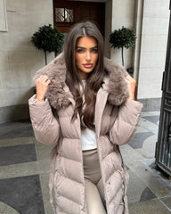 Anastasia Longline Belted Hooded Faux Fur Coat - Taupe