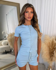 Alexa Round Neck Button Front Short Sleeve Top & Short Set - Baby Blue