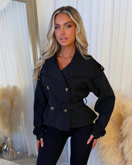 Ava Double Breasted Short Belted Trench Coat - Black