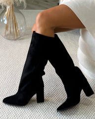 Irene Suede Knee-High Heeled Boots - Black Suede