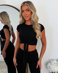 Laura Tie Front Cropped Loungewear Set - Black